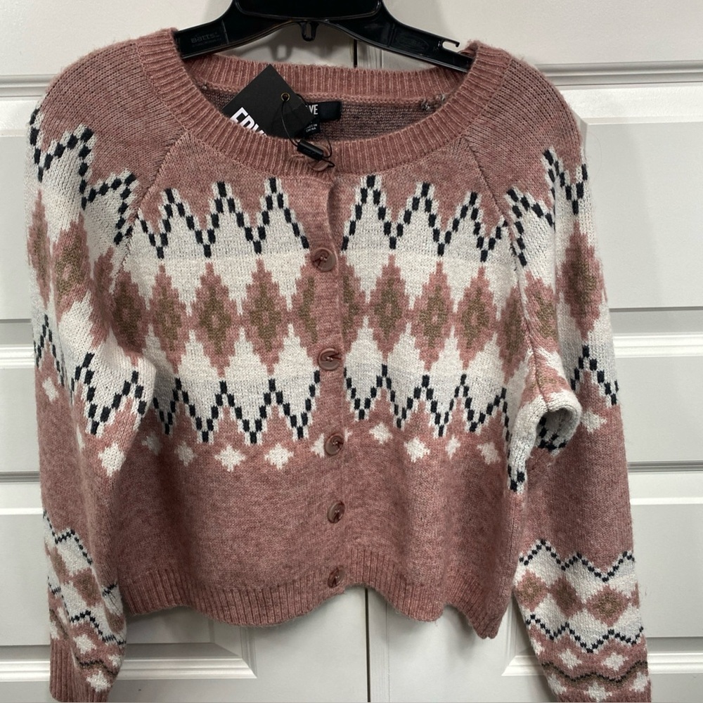 FRYE Argyle Nordic Fair Isle Button Up Cardigan Mauve Small Oversized Preppy SM
